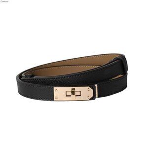 Womens Skinny Leather Belt Gold Turn Lock Buckle Adjustable Waistband